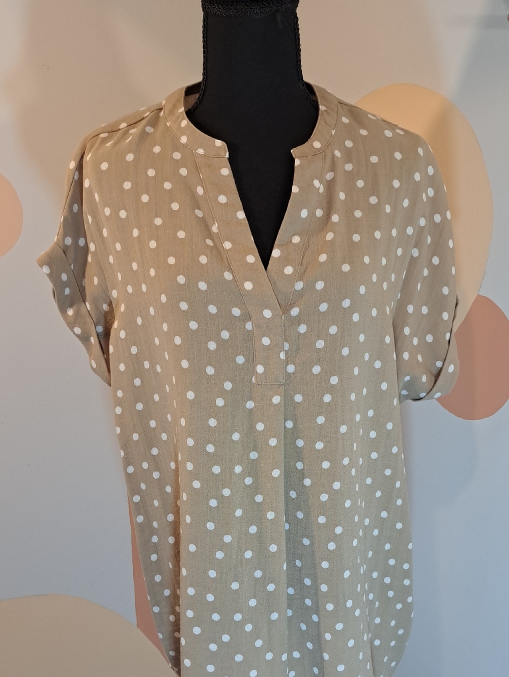 RACHEL Rachel Roy Beige Polka Dot Split V-Neck Blouse